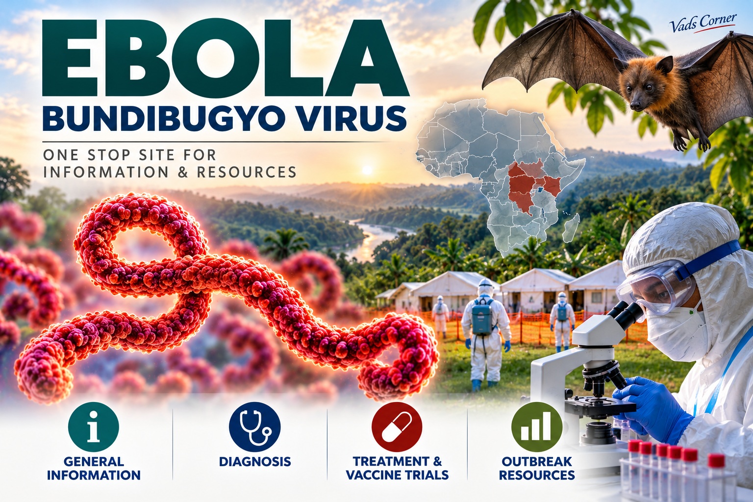 Banner reading Ebola, Bundibugyo virus, one stop site for information and resources, with an illustrated virus, a fruit bat, a map of Africa with central and east Africa highlighted, a treatment centre and a laboratory worker at a microscope, and four headings: general information, diagnosis, treatment and vaccine trials, outbreak resources.