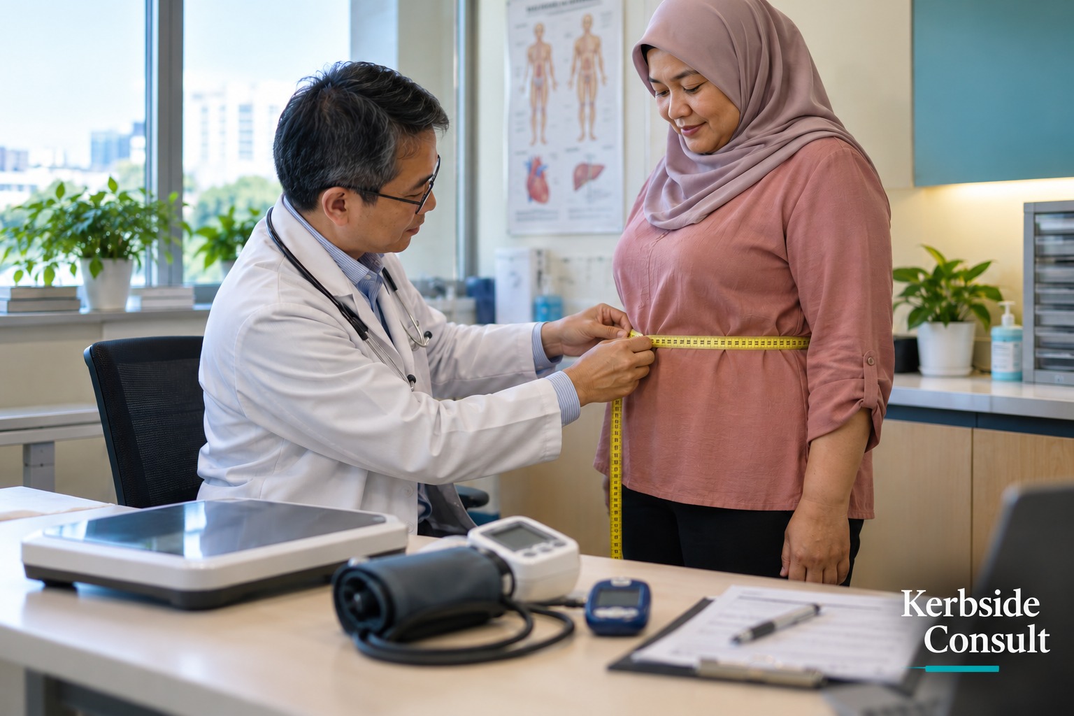 A doctor measures a patient's waist with a tape measure in a consulting room; a weighing scale, blood-pressure monitor and glucometer sit on the desk.