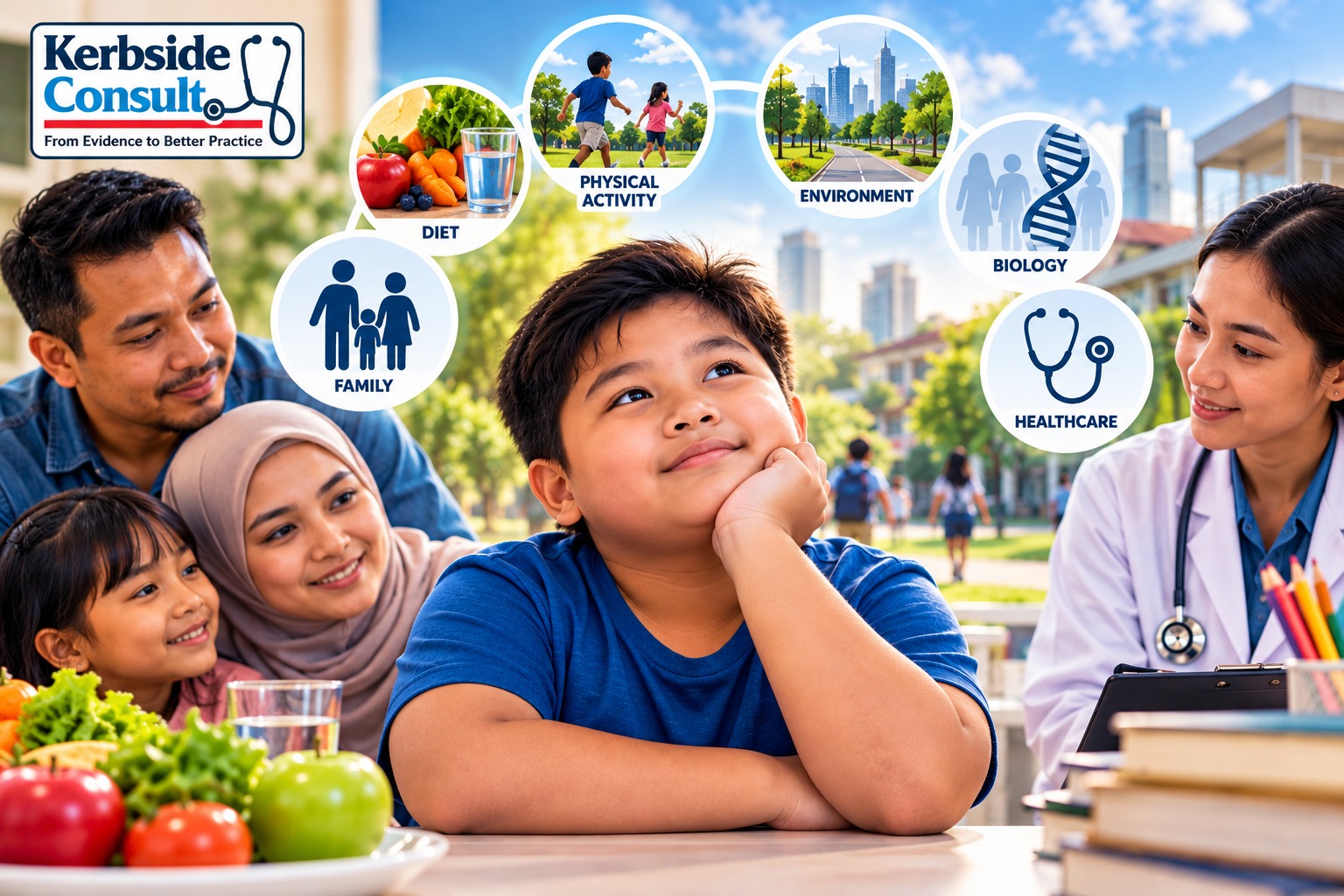 Childhood obesity is influenced by biology, family, diet, physical activity, environment and healthcare.