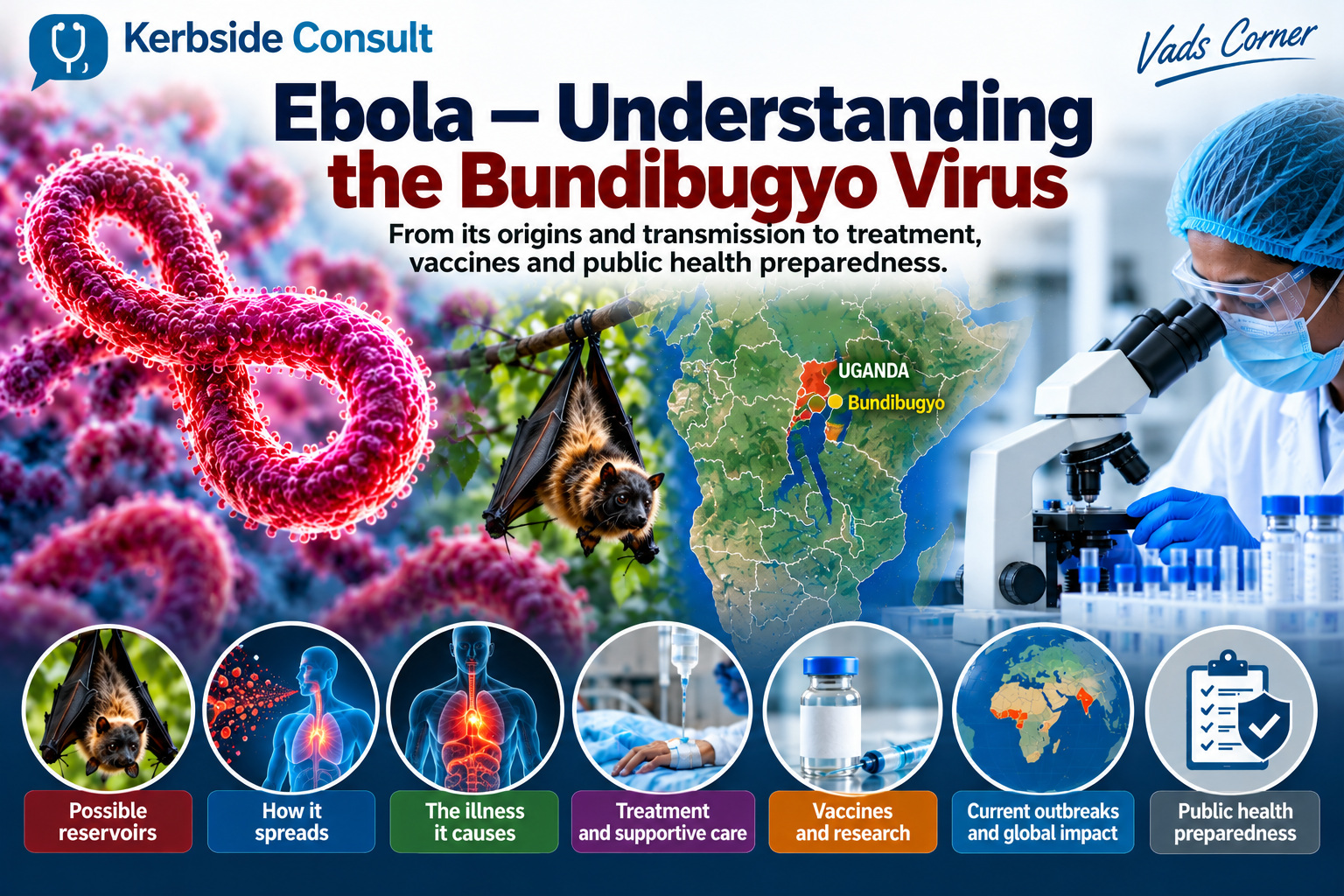 Conceptual illustration of Bundibugyo virus, its possible bat reservoir, transmission, illness, supportive care, vaccine research and public health preparedness, with Kerbside Consult and Vads Corner branding
