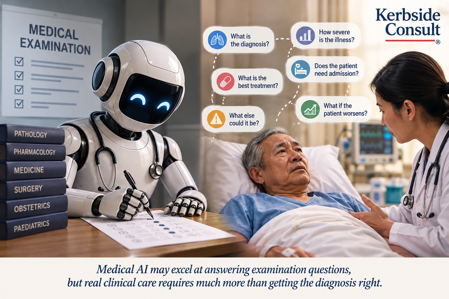 Medical AI at an examination desk contrasted with real patient care at the bedside
