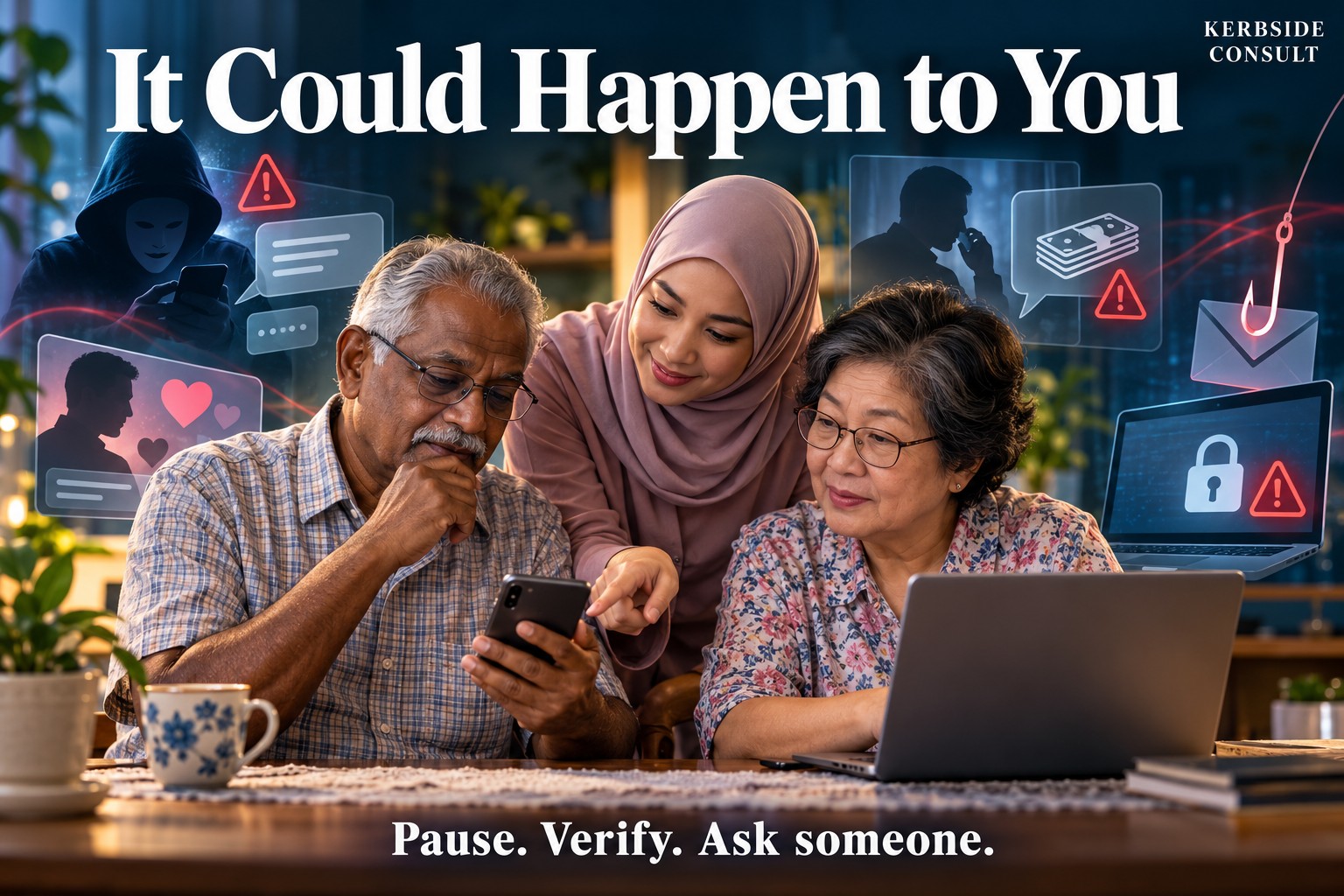 Older Malaysian adults checking a phone and laptop with a trusted person, surrounded by symbols of online scams. It Could Happen to You—Pause. Verify. Ask someone.