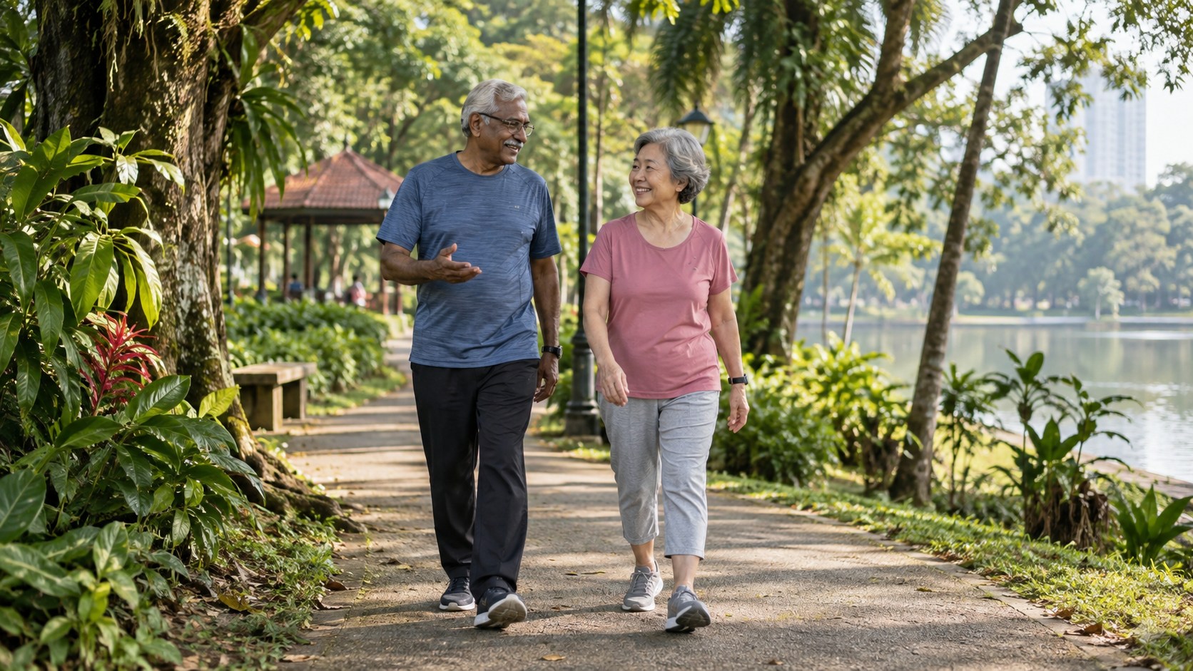 An older Indian man and Chinese woman walking together through a leafy Malaysian park.