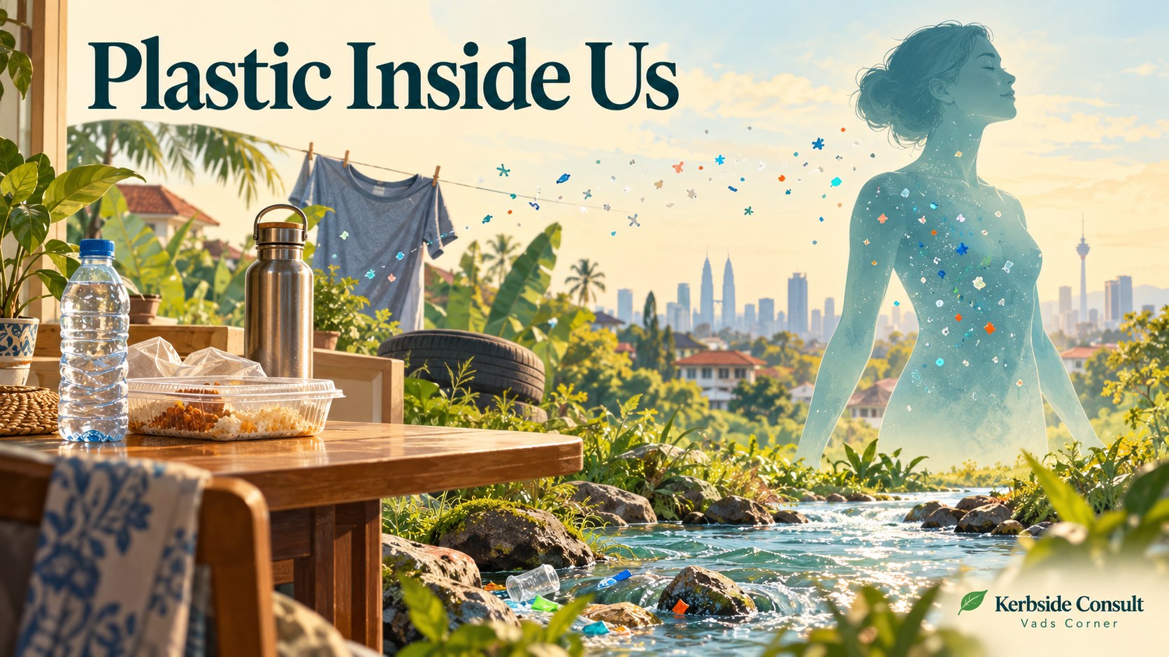 Plastic Inside Us illustration showing everyday plastic sources and a symbolic human silhouette in a Malaysian setting