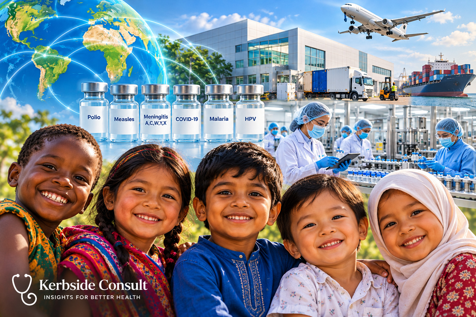Conceptual illustration of vaccine manufacturing, global distribution and smiling children from different regions, with vials labelled by disease