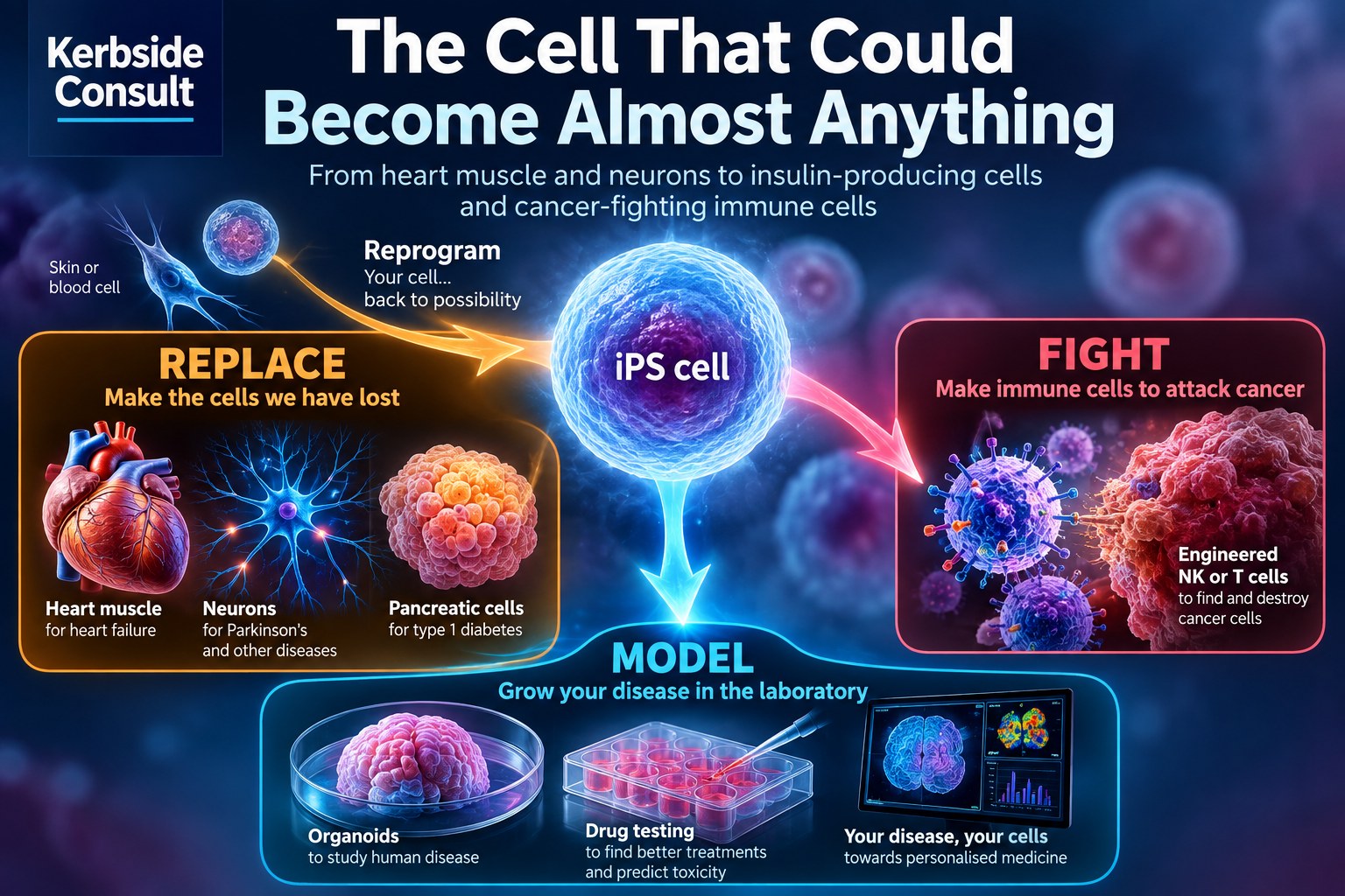 Kerbside Consult infographic showing an iPS cell branching into replacement cells, cancer-fighting immune cells, and disease models.