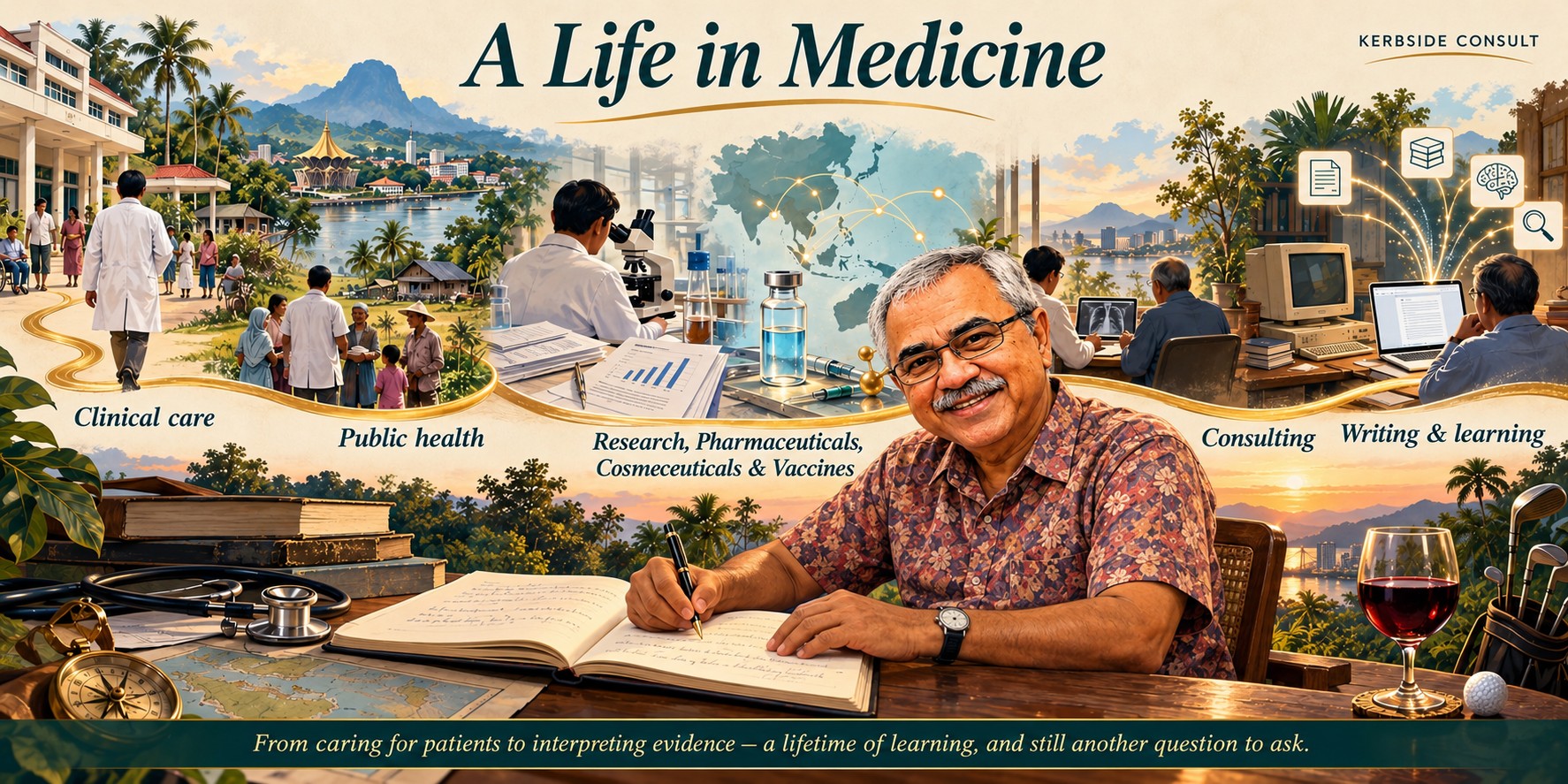 An illustration of Dr Muruga Vadivale’s work across clinical care, public health, research and vaccines, consulting, and medical writing.