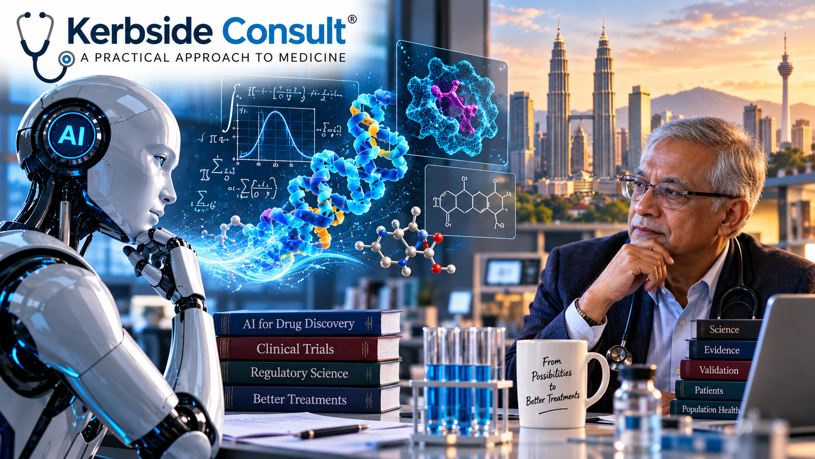 Conceptual illustration of AI-assisted discovery and scientific validation, with Kerbside Consult branding