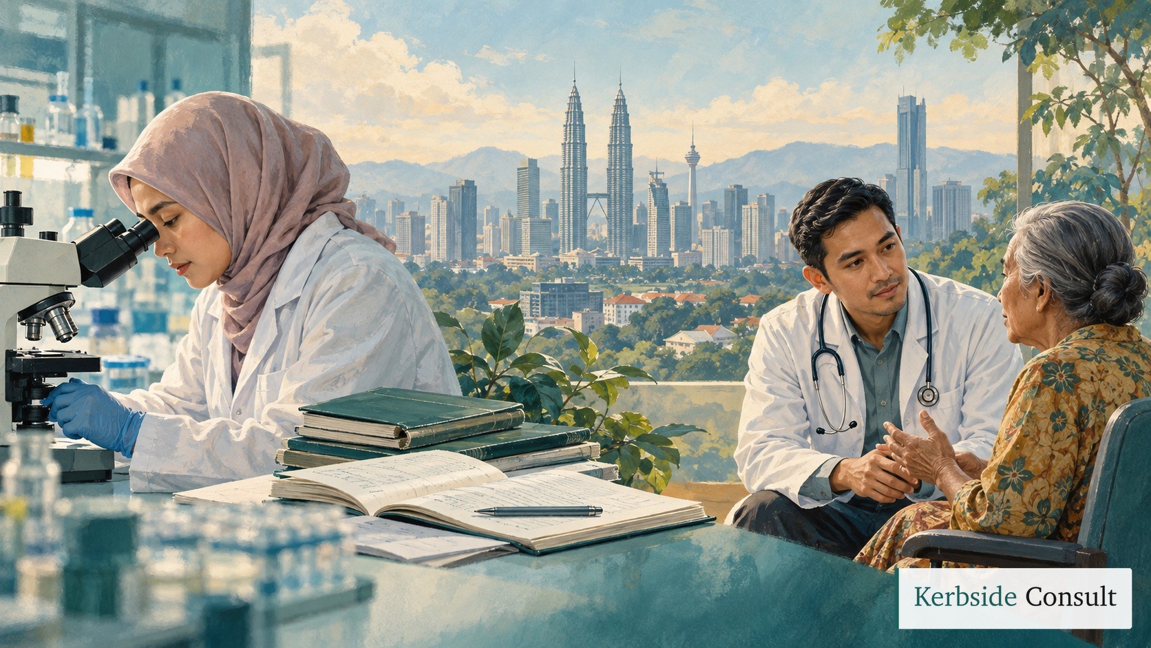 Illustration of medical research and patient care against the Kuala Lumpur skyline.